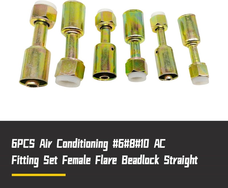 SIDMILE 6Pcs Air Conditioning #6#8#10 AC Fitting Set for Standard Hose, Female Oring Beadlock Straight (180 Degree) - Image 2